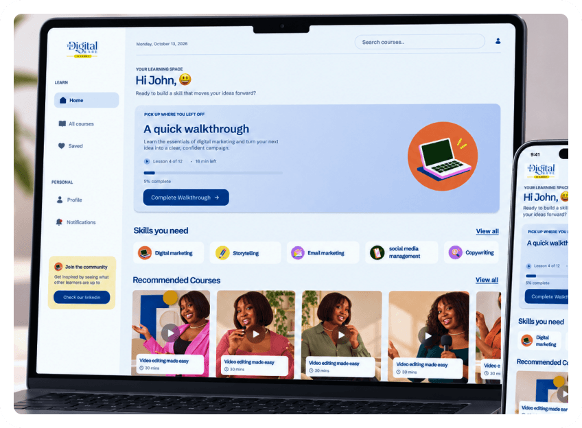 The Digital Babe Academy learning dashboard on a laptop and phone